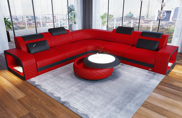 L Form Mini Ledersofa Foggia mit LED und USB in rot - schwarz