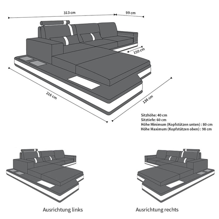 Die MaÃŸe der Designer Couch Messana L Form
