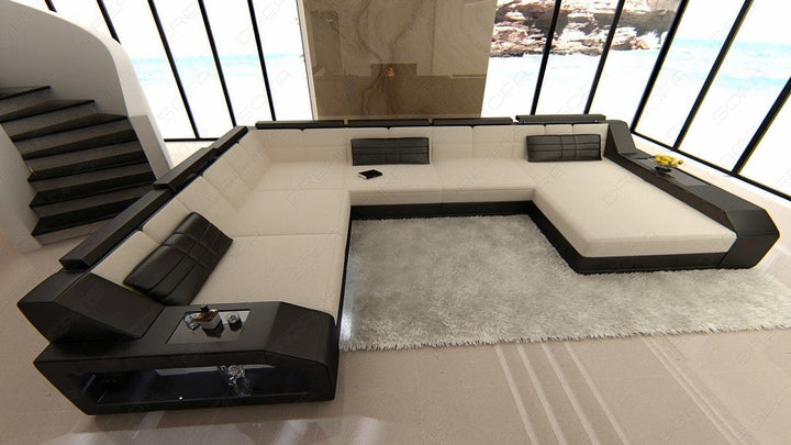 XXL Stoffsofa Matera Mini U Form Sofa mit Licht in elfenbein - Mineva1 Mikrofaser Stoff