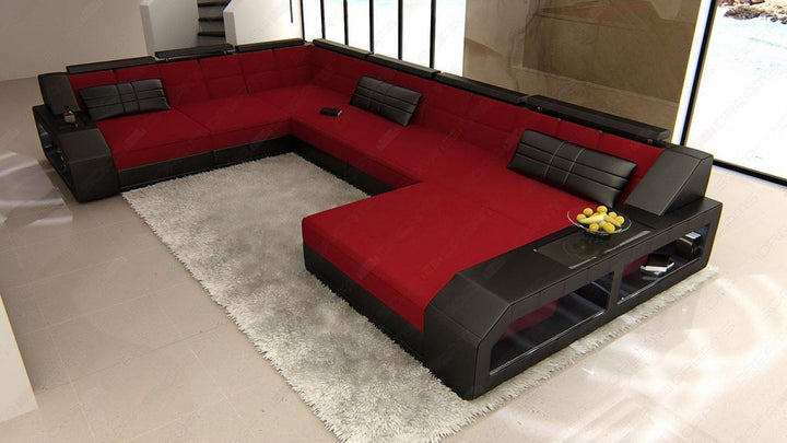 XXL Stoffsofa Matera Mini U Form Sofa mit Licht in rot - Mineva20 Mikrofaser Stoff
