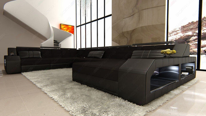 XXL Stoffsofa Matera Mini U Form Sofa mit Licht in schwarz - Hugo14 Strukturstoff
