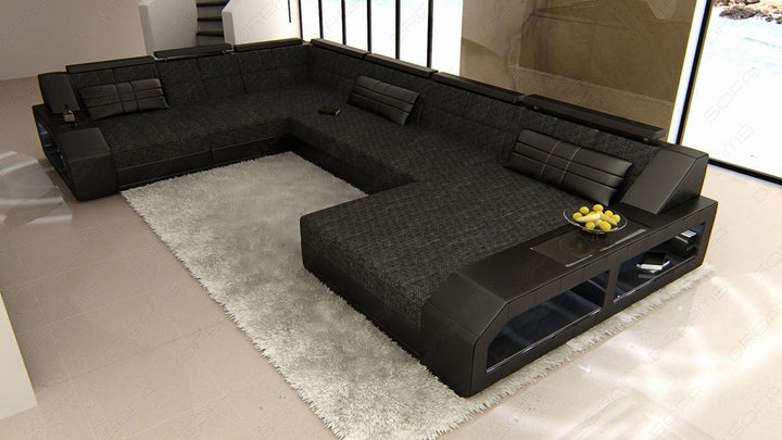 XXL Stoffsofa Matera Mini U Form Sofa mit Licht in schwarz-grau - Hugo12 Strukturstoff