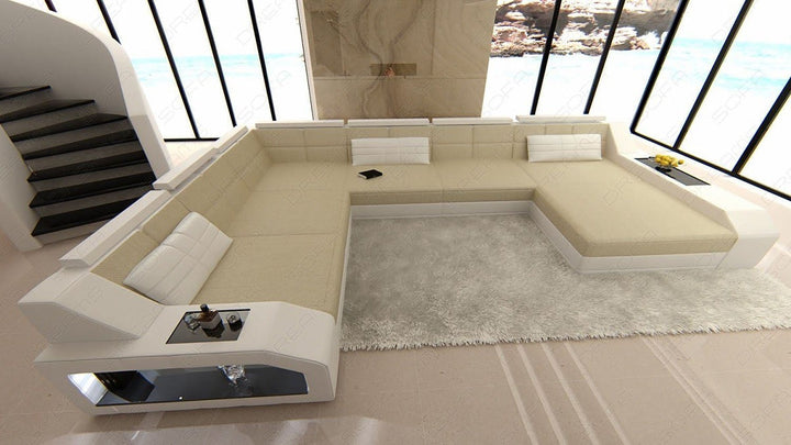 Stoff Sofa Wohnlandschaft Matera XXL in elfenbein - Hugo1 Strukturstoff