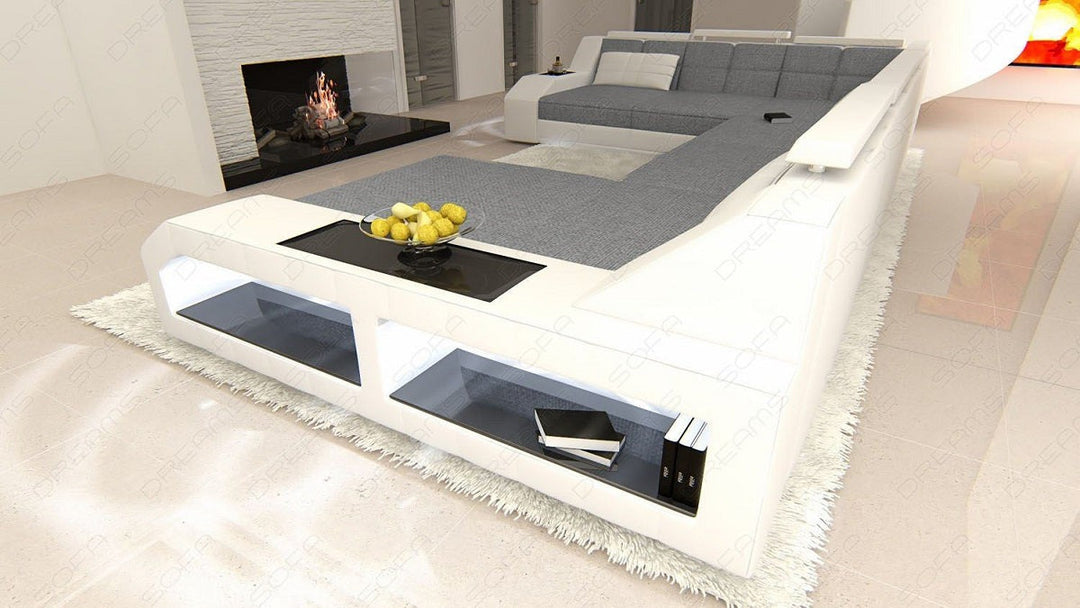 XXL Stoffsofa Matera Mini U Form Sofa mit Licht in grau - Hugo5 Strukturstoff 