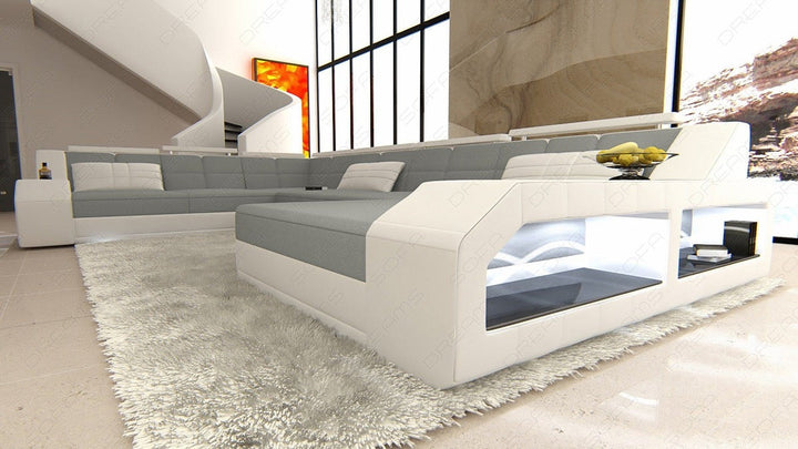 XXL Stoffsofa Matera Mini U Form Sofa mit Licht in hellgrau - Mineva12