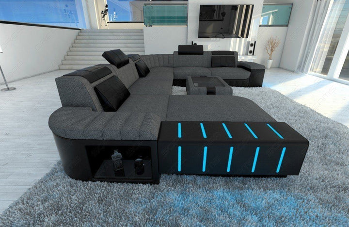 Polstersofa Wohnlandschaft Bellagio XXL LED in grau - Hugo5 Strukturstoff