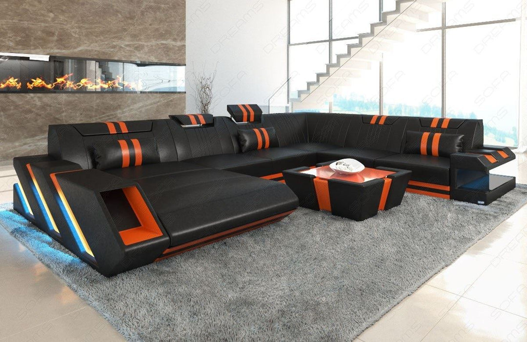 Leder Wohnlandschaft Apollonia XXL mit Recamiere in schwarz-orange