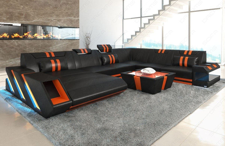 Leder Wohnlandschaft Apollonia XXL mit Recamiere in schwarz-orange
