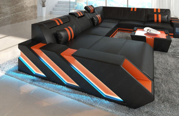 Leder Wohnlandschaft Apollonia XXL mit Recamiere in schwarz-orange