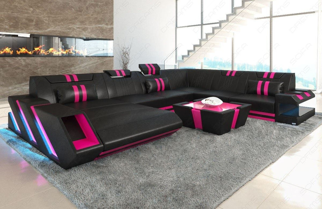 Design Sofa Apollonia XXL mit Ottomane und USB  in schwarz-pink