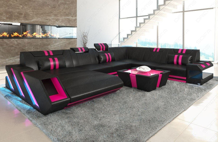 Design Sofa Apollonia XXL mit Ottomane und USB  in schwarz-pink