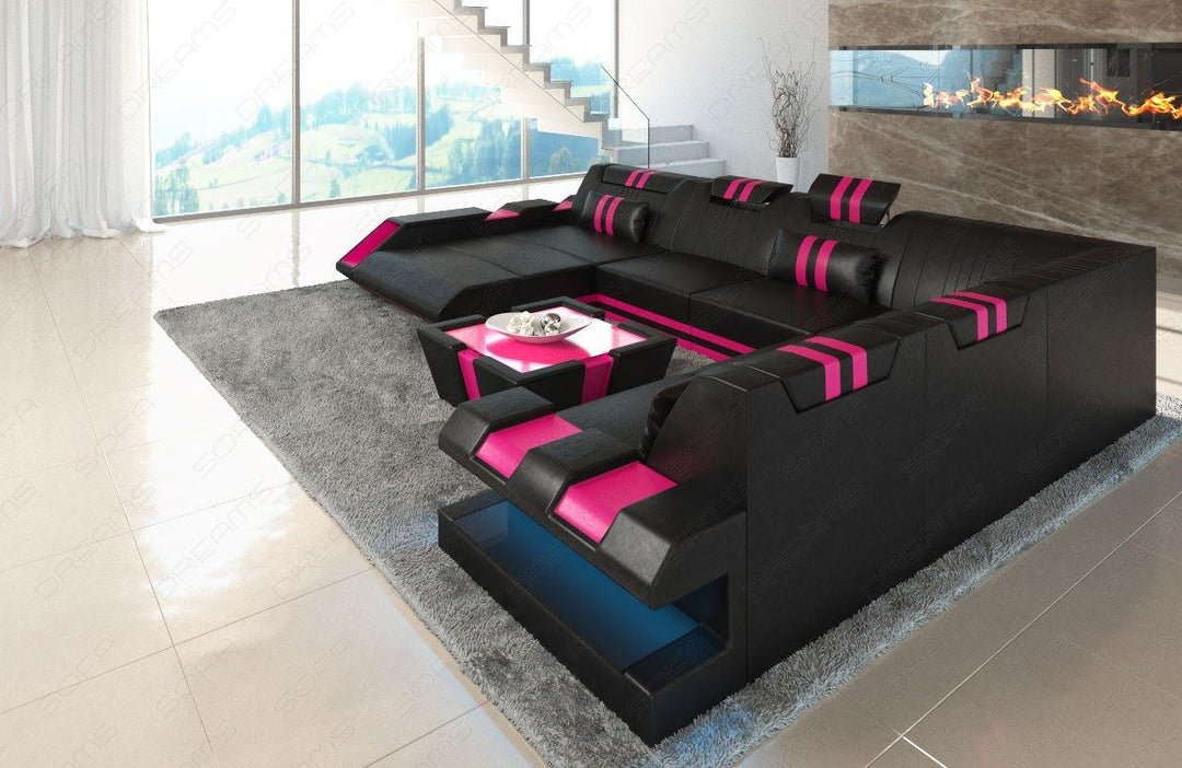 Design Sofa Apollonia XXL mit Ottomane und USB  in schwarz-pink