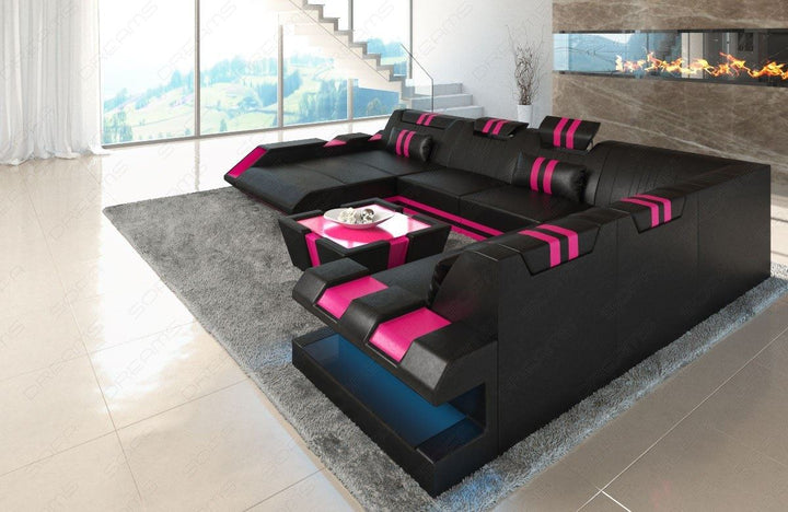 Design Sofa Apollonia XXL mit Ottomane und USB  in schwarz-pink