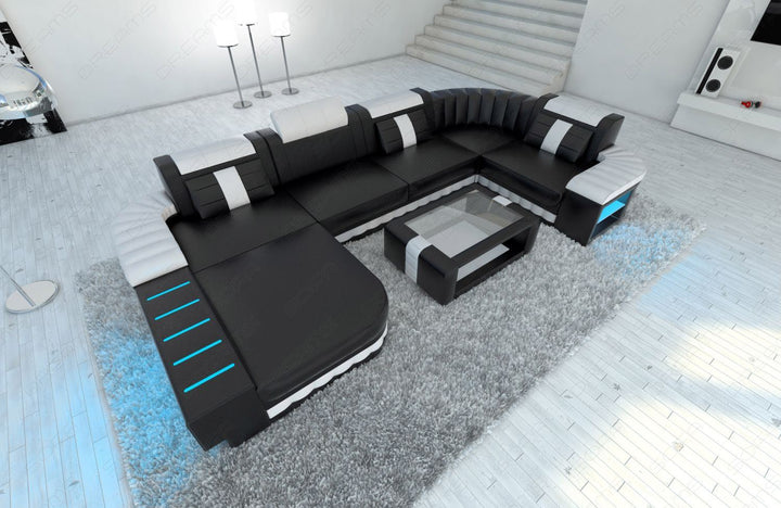 Ledercouch Wohnlandschaft Bellagio U Form in schwarz-weiss