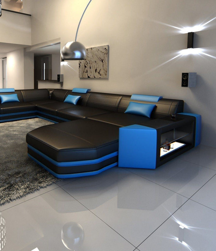 Designer Wohnlandschaft Echtleder Prato XXL schwarz-blau