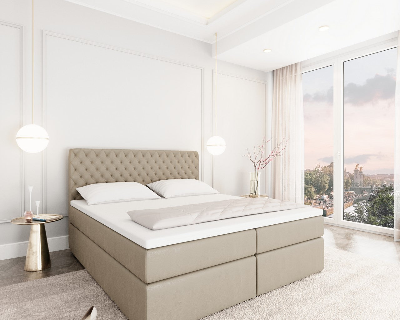 Boxspringbett Mejorada mit Bettkasten als Stauraum in Kunstleder Beige