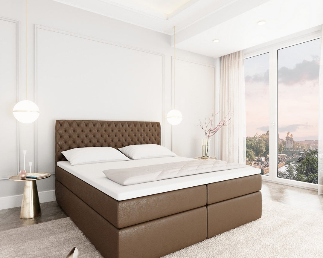 Boxspringbett Mejorada mit Bettkasten als Stauraum in Kunstleder Braun