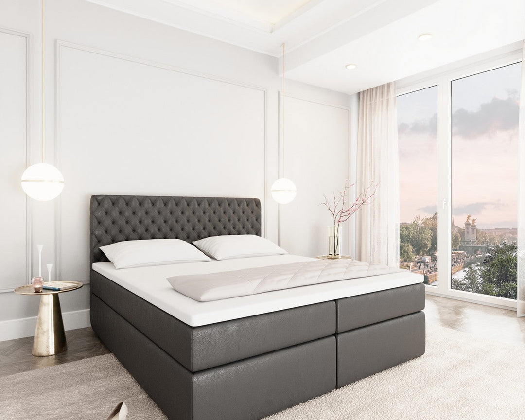 Boxspringbett Mejorada mit Bettkasten als Stauraum in Kunstleder Dunkelgrau