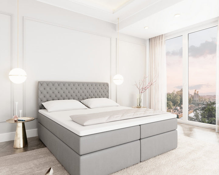Boxspringbett Mejorada mit Bettkasten als Stauraum in Kunstleder Hellgrau