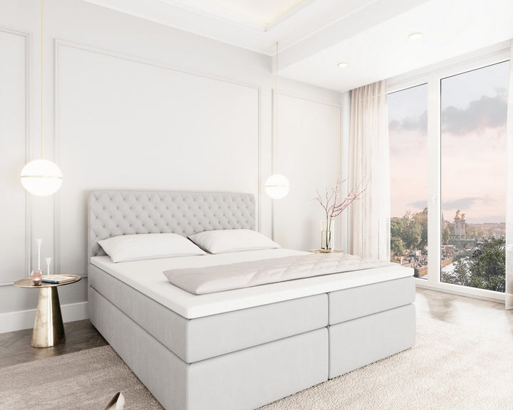 Boxspringbett Mejorada mit Bettkasten als Stauraum in Kunstleder Hellgrau
