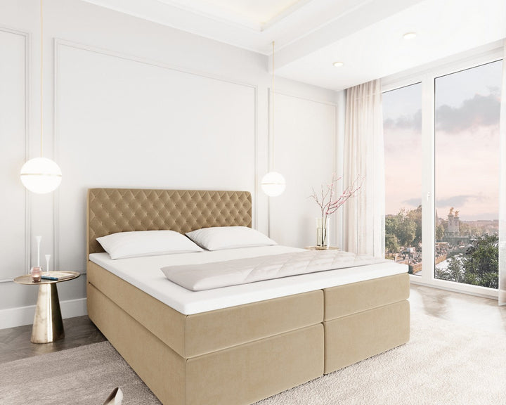 Boxspringbett Mejorada mit Bettkasten als Stauraum in Samt Beige