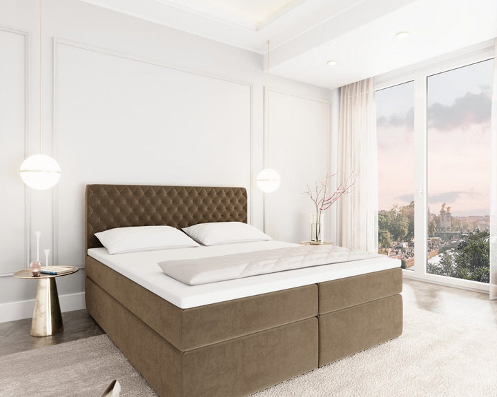 Boxspringbett Mejorada mit Bettkasten als Stauraum in Samt Braun