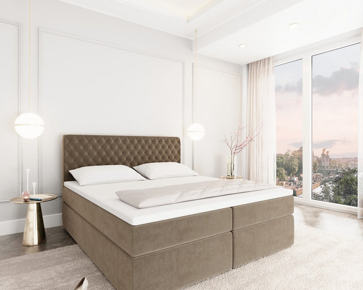 Boxspringbett Mejorada mit Bettkasten als Stauraum in Samt Dunkelbeige