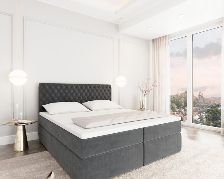 Boxspringbett Mejorada mit Bettkasten als Stauraum in Samt Dunkelgrau