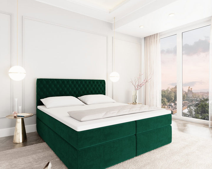 Boxspringbett Mejorada mit Bettkasten als Stauraum in Samt Gruen