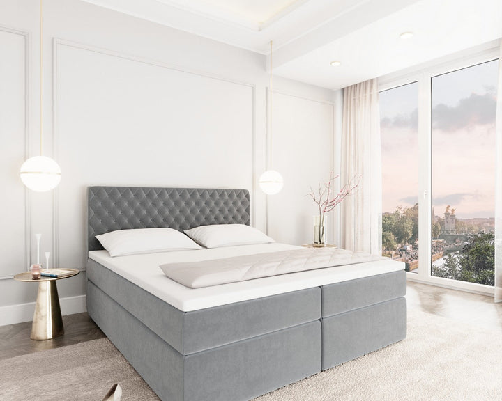 Boxspringbett Mejorada mit Bettkasten als Stauraum in Samt Hellgrau