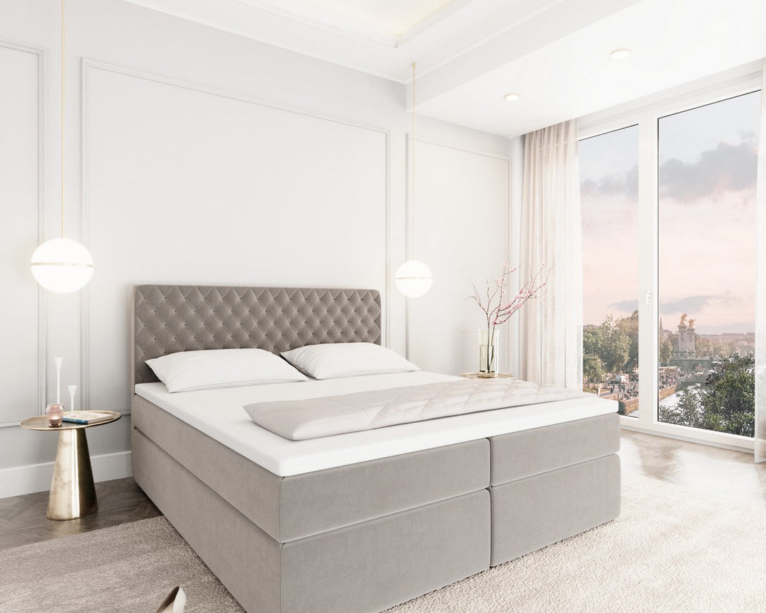 Boxspringbett Mejorada mit Bettkasten als Stauraum in Samt Sand