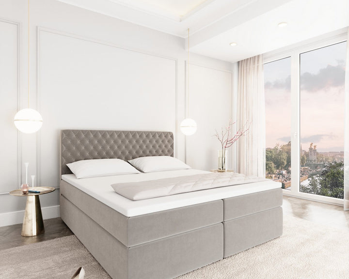 Boxspringbett Mejorada mit Bettkasten als Stauraum in Samt Sand