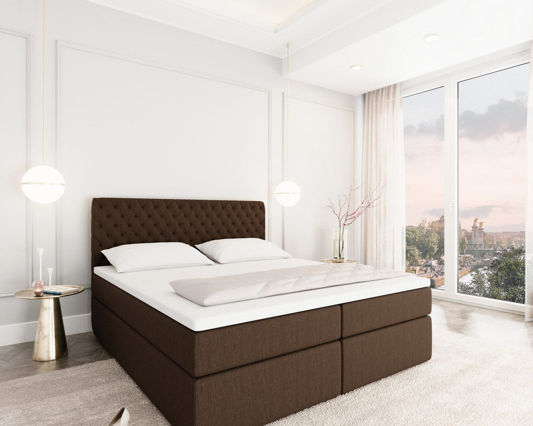 Boxspringbett Mejorada mit Bettkasten als Stauraum in Strukturstoff / Webstoff Braun