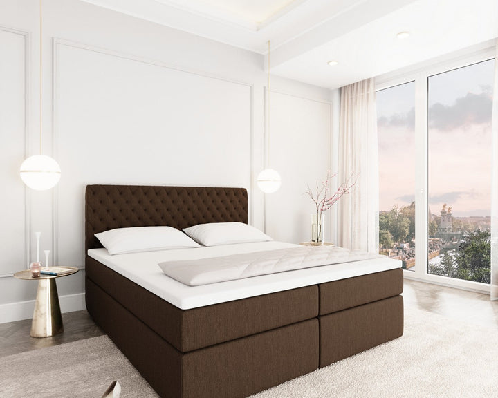 Boxspringbett Mejorada mit Bettkasten als Stauraum in Strukturstoff / Webstoff Braun