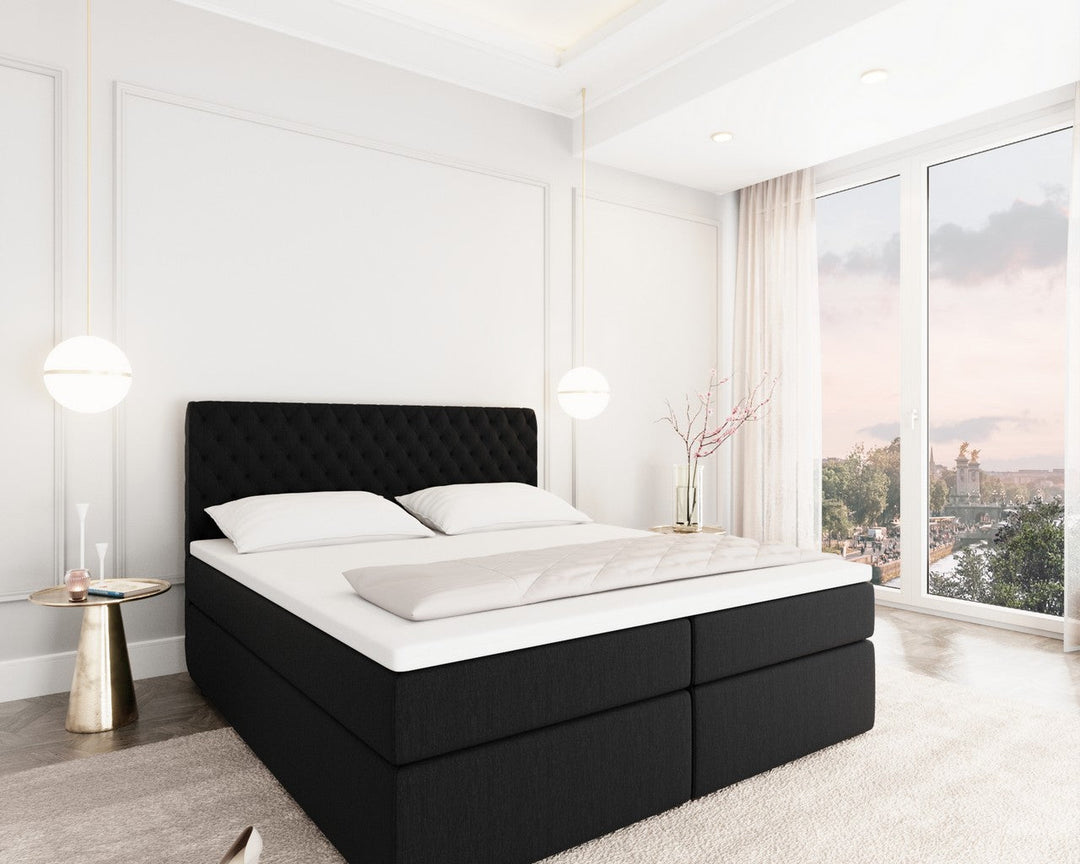 Boxspringbett Mejorada mit Bettkasten als Stauraum in Strukturstoff / Webstoff Schwarz