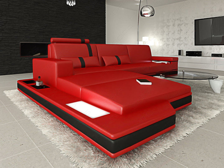 Ledersofa Messana L Form Mini mit Beleuchtung in rot-schwarz