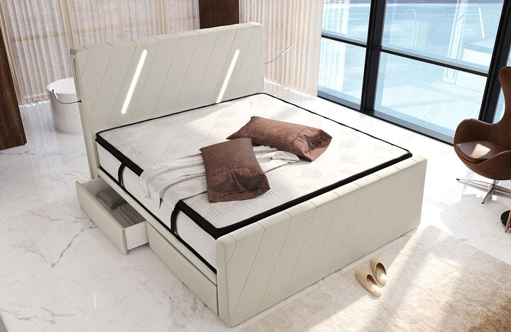 Polster Boxspringbett Toulon mit LED und Schubladen in elfenbein - Mineva1