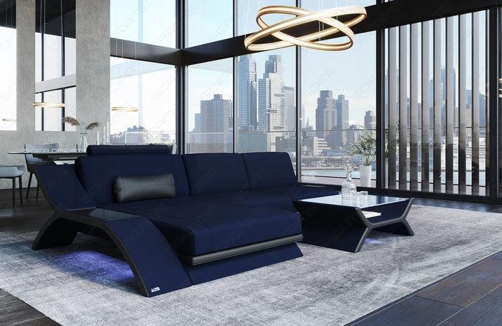 Mikrofaser Stoff Sofa Calabria L Form in dunkelblau - Mineva17