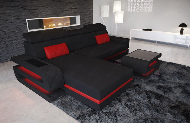 Mikrofaser Stoff Sofa Bologna L Form in schwarz - Mineva14 Akzentfarbe rot
