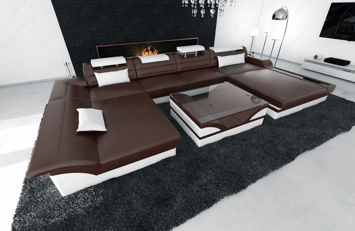 Couch Monza als U Form Wohnlandschaft in dunkelbraun-weiss