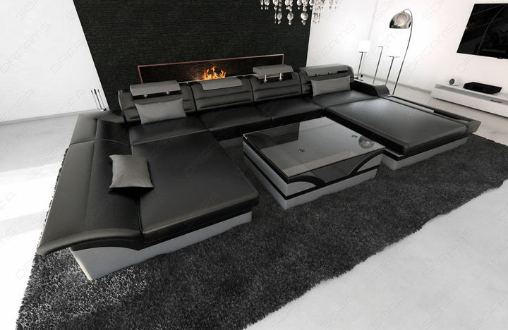 Leder Wohnlandschaft Monza U Form in schwarz-grau
