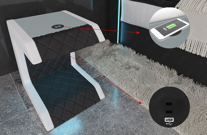 Detailbild Nachttisch Paris Leder schwarz-weiÃŸ mit InduktionsladeflÃ¤che und USB-Anschluss (beides optional erhÃ¤ltlich)