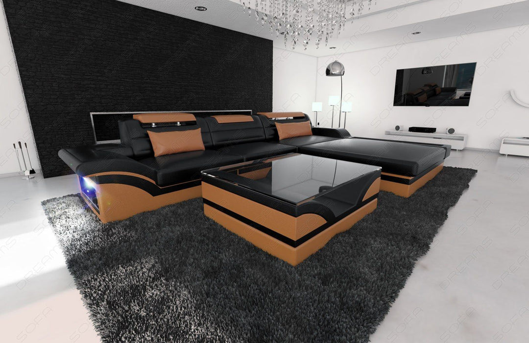 Designer Ledersofa Parma als L Form schwarz-braun