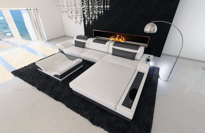 Modernes Ledersofa Parma als L Form in weiss-grau