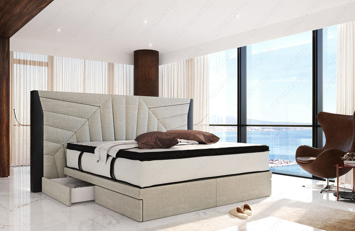 Polster Boxspringbett Monaco mit LED Beleuchtung und Schubladen in elfenbein - Hugo1 - Nebenfarbe schwarz