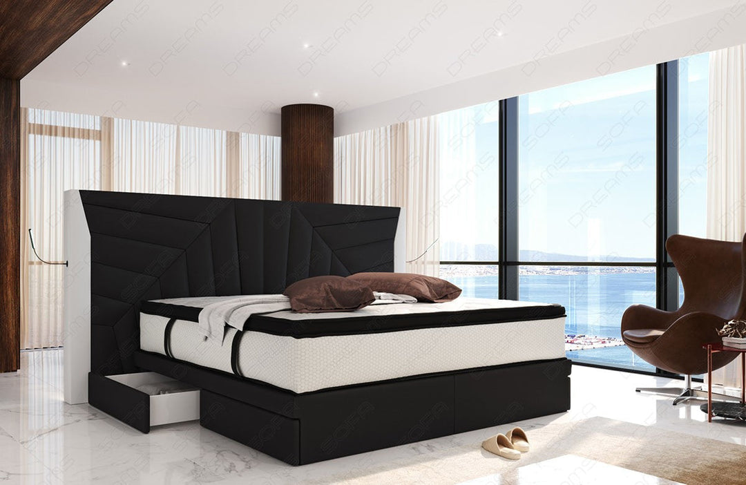 Polster-Boxspringbett Monaco mit LED Beleuchtung und Schubladen in schwarz - Mineva14 - Nebenfarbe weiÃŸ