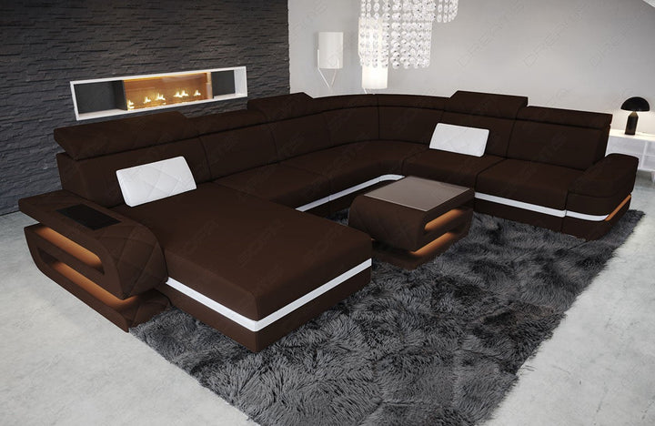 XXL Stoffsofa Bologna Mini U Form Sofa mit LED in dunkelbraun - Mineva7 Akzentfarbe weiÃŸ