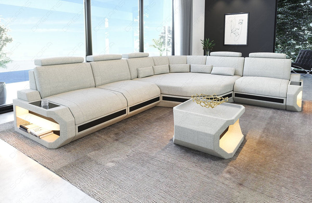 Stoffsofa Asti L Form in elfenbein - Hugo1 / optional sind Couchtisch und USB-AnschlÃ¼sse bestellbar