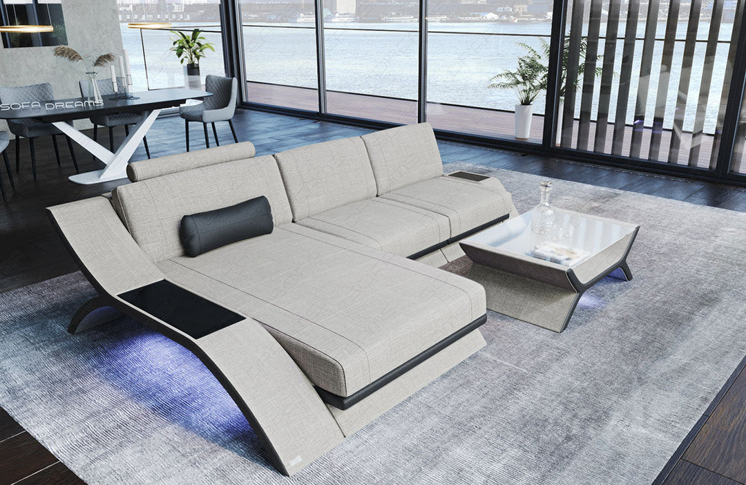 Design Stoff Sofa Calabria L Form in elfenbein - Hugo1 Strukturstoff