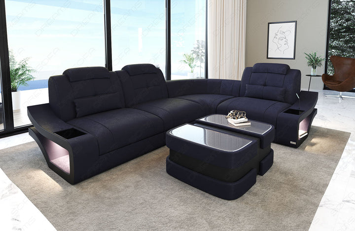 Polster Ecksofa Elena L Form in Darkblue8B - Nebenfarbe schwarz